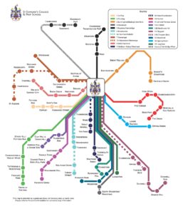 St Edmund's College Bus Route line drawing with colours depicting routes and stops in Hertfordshire and Cambridgeshire