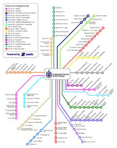 St Edmund's College Bus Route line drawing with colours depicting routes and stops in Hertfordshire and Cambridgeshire