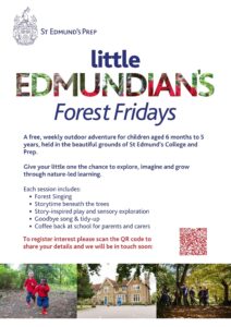 colourful text flyer with images of children in the forest and the prep school building