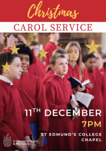 pupils in red choir dress holding song books, bright red and gold text promoting the carol service on 11th December