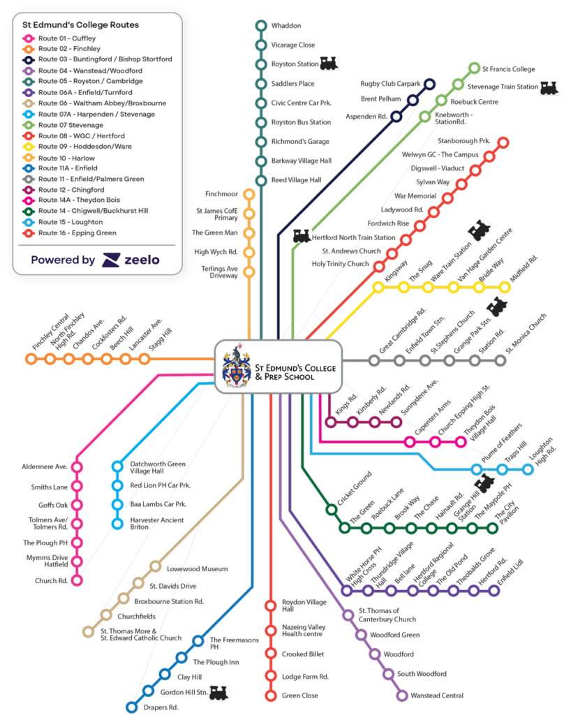 St Edmund's Prep & College in Ware - Map of Bus Routes with Train Stations
